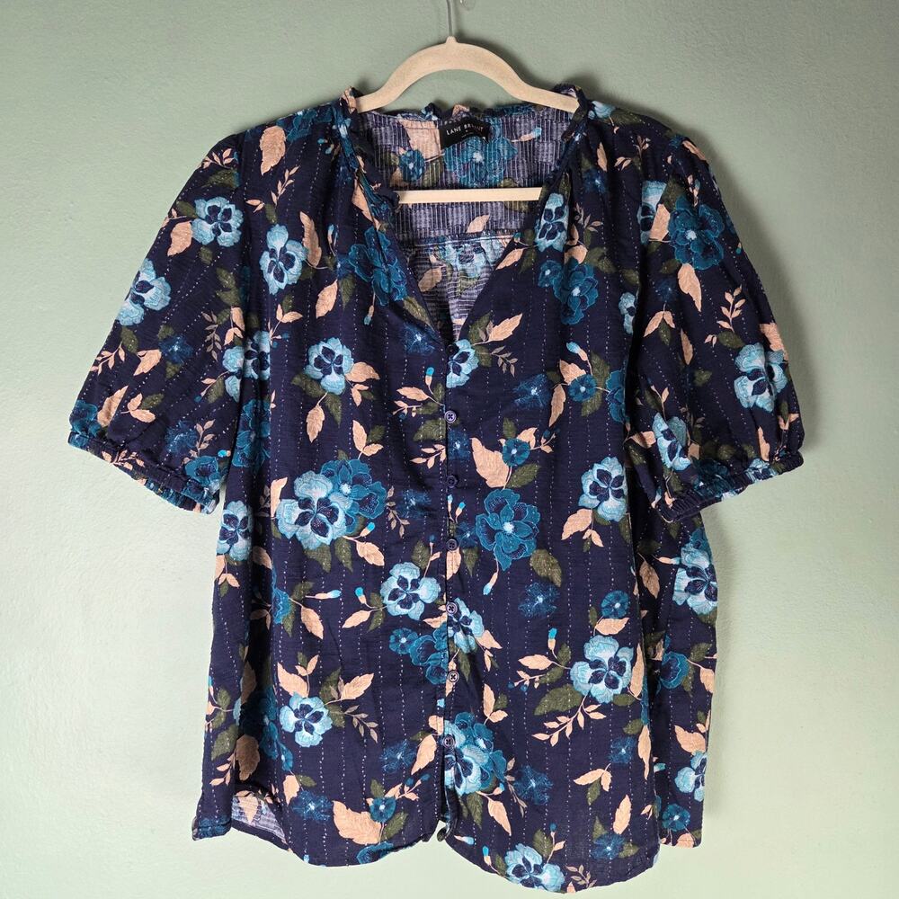Lane Bryant Womens 16 Navy Blue Floral Swing Bubble Sleeve Button Front Blouse